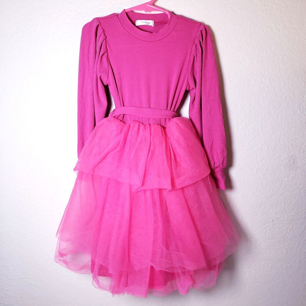 Pink Long Sleeved Belted Tulle Dress